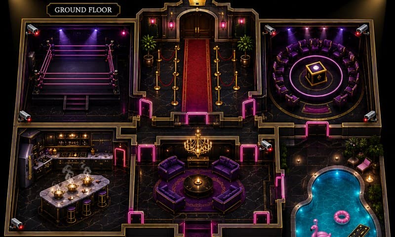 Inside the mansion: the lounge, the kitchen and the red-carpet entrance